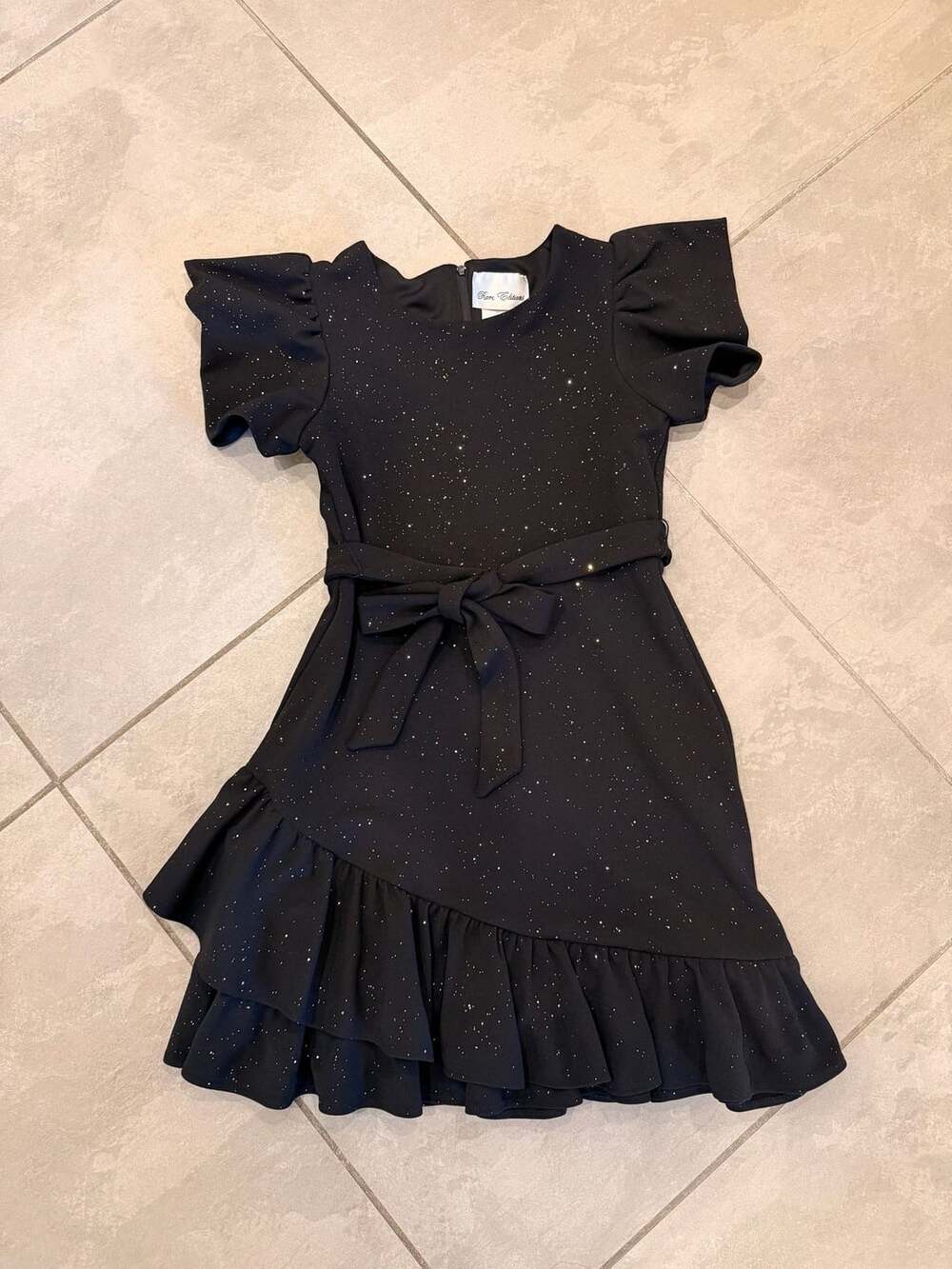 Rare Editions Black Glitter Shimmer Party Dress with Flutter Sleeves and Ruffle